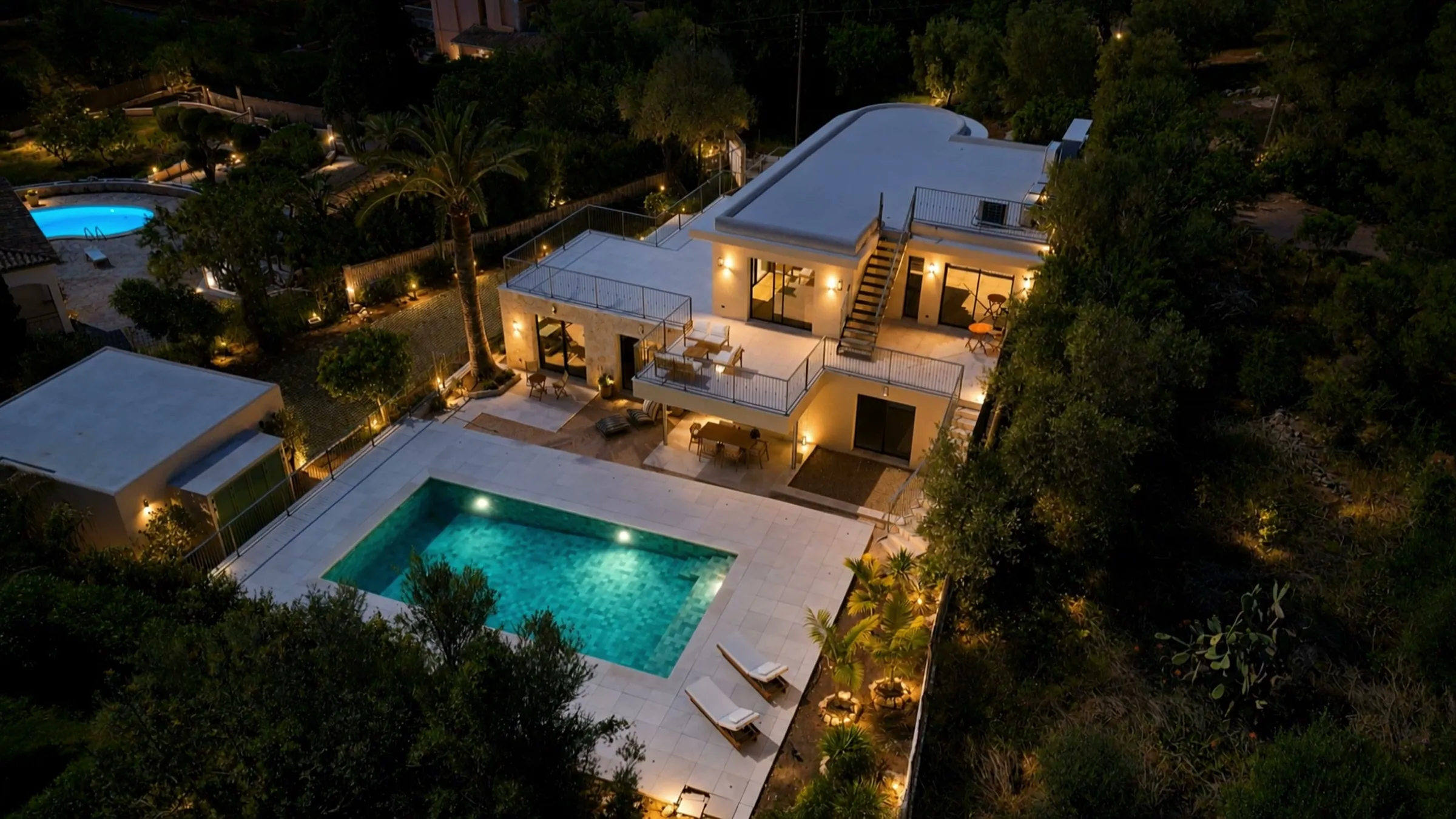 Vista aérea al atardecer de la villa de Es Capdellà, con la piscina y las terrazas iluminadas